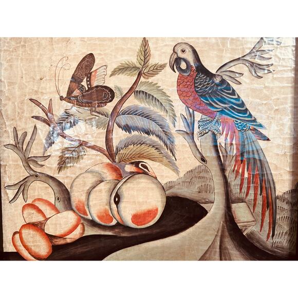 Vintage Asian Art Lacquered Panel Hand-Painted Scene Parrot Butterflies & Grapes - Picture 2 of 10